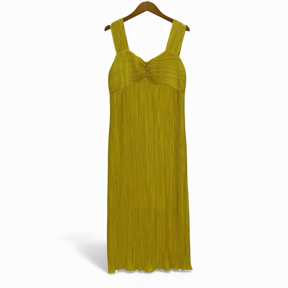 Anthropologie Pleated Yellow/Gold Satin Cocktail Midi Dress Sweetheart Neckline